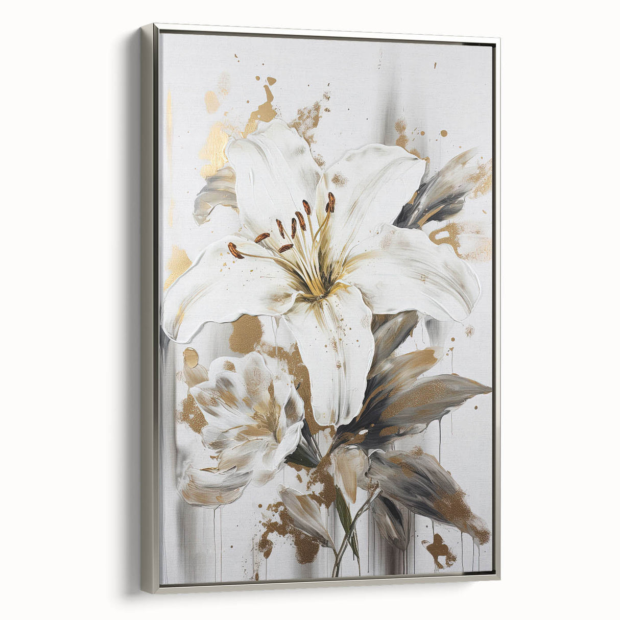 Framed abstract floral wall art design in soft pastels, showcasing elegant blossoms with a silver frame, perfect for modern decor.
