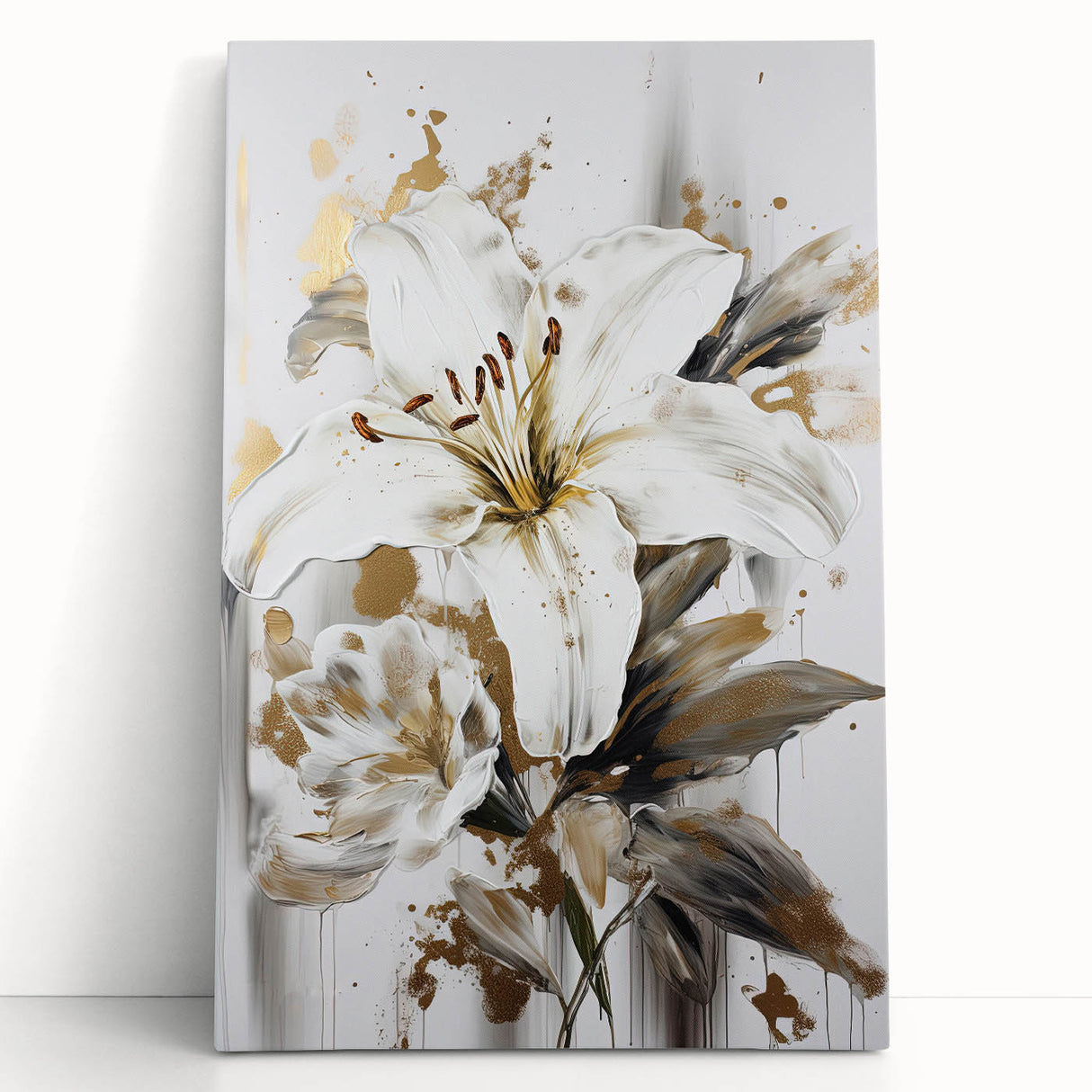 Abstract floral canvas wall art featuring vibrant colors and soft textures, elegantly leaning against a wall for modern home decor enhancement.