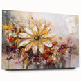Abstract floral wall art design featuring vibrant colors and intricate patterns, displayed in an acrylic glass frame with visible mounting pins.