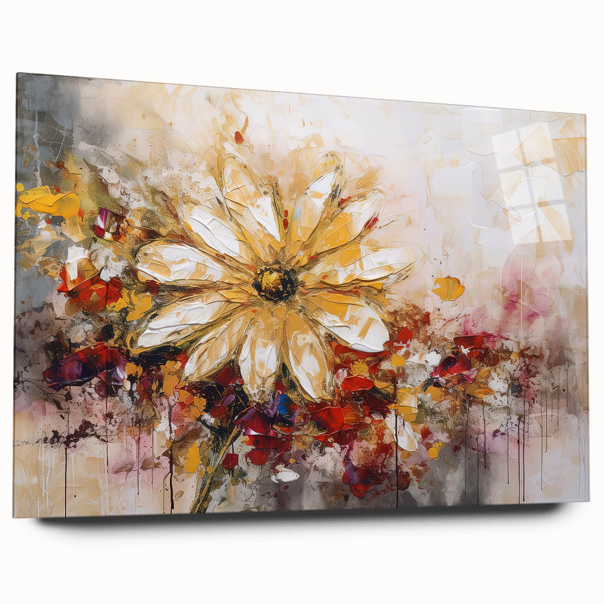 Acrylic glass wall art featuring vibrant abstract floral designs in bold colors, displayed from the side to showcase its modern elegance and depth.