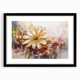 Abstract floral wall art design in a sleek black frame with a mat, showcasing vibrant colors and intricate details for modern decor.