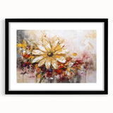 Abstract floral wall art design in a sleek black frame with a mat, showcasing vibrant colors and intricate details for modern decor.