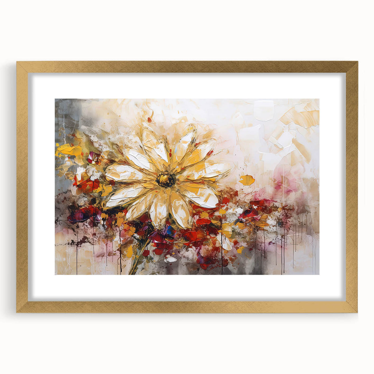 Framed abstract floral wall art design in gold, showcasing vibrant colors and intricate patterns, perfect for modern home decor.