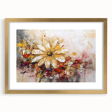 Framed abstract floral wall art design in gold, showcasing vibrant colors and intricate patterns, perfect for modern home decor.