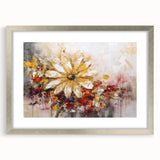 Framed abstract floral wall art featuring vibrant colors and intricate designs, set in a sleek silver frame with a mat, perfect for home decor.