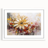 Framed abstract floral wall art featuring vibrant colors and intricate designs, set in a sleek white frame with a mat, ideal for modern decor.