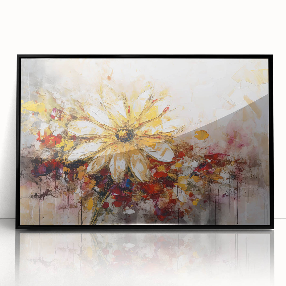Framed abstract floral wall art in black acrylic, showcasing vibrant colors and intricate designs, perfect for modern home décor.