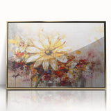 Framed abstract floral wall art with vibrant colors and gold accents, perfect for modern home decor, showcasing a sophisticated design.
