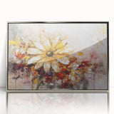 Framed abstract floral wall art in a silver frame, showcasing vibrant colors and intricate patterns, perfect for modern home decor.