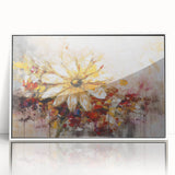 Framed abstract floral wall art design featuring vibrant colors and intricate patterns, set in a sleek white frame for a modern touch.