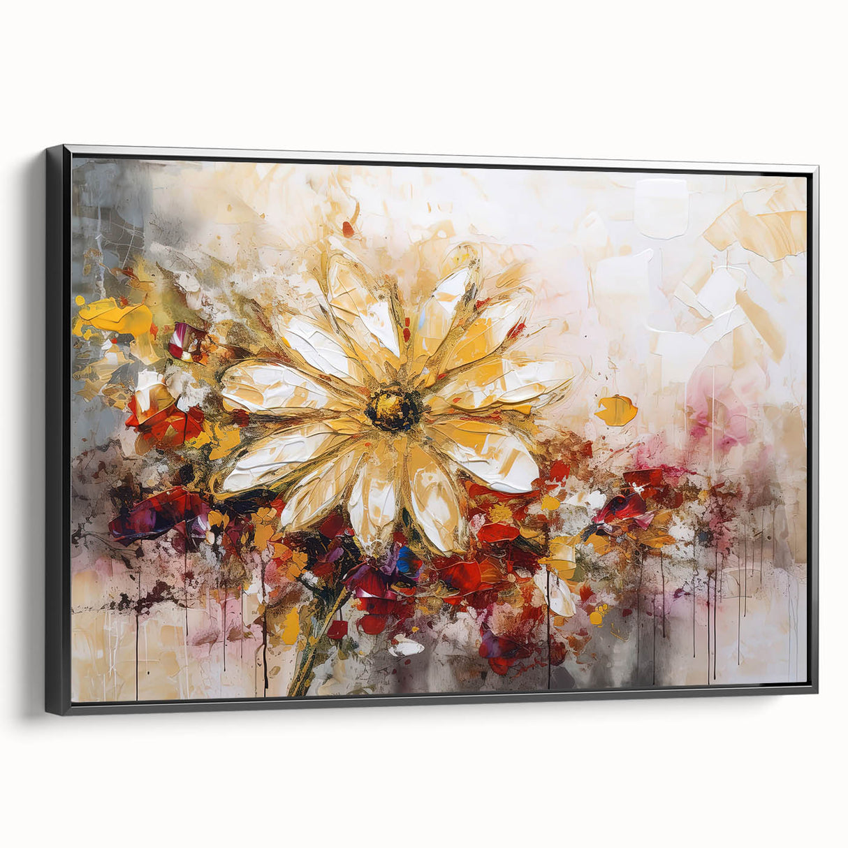 Framed abstract floral wall art design showcasing vibrant colors and intricate patterns, displayed in a sleek black frame from a side view.