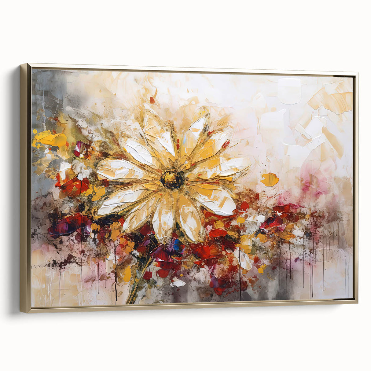 Framed wall art showcasing an abstract floral design with vibrant colors and a gold frame, perfect for modern home decor.