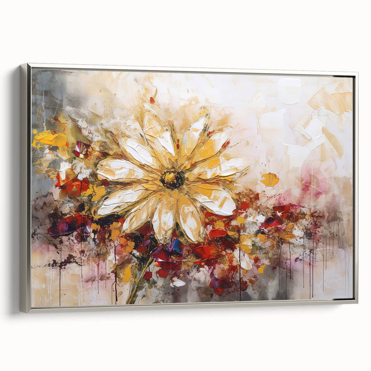 Framed wall art showcasing an abstract floral design with vibrant colors, set in a sleek silver frame, perfect for modern decor.