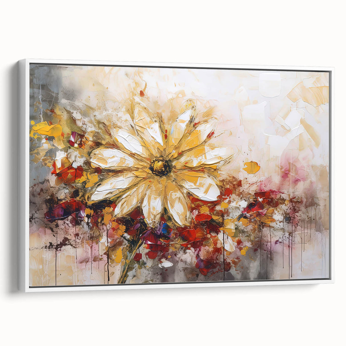 Framed wall art showcasing an abstract floral design on canvas, featuring vibrant colors and textures, displayed in a sleek white frame.