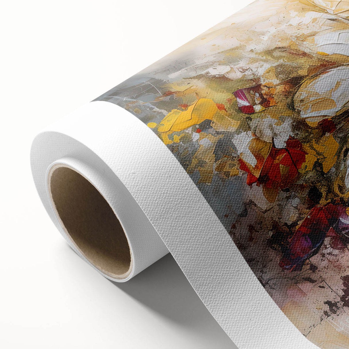 Vibrant abstract floral design on rolled canvas, showcasing colorful blooms and dynamic brush strokes, perfect for modern home decor.