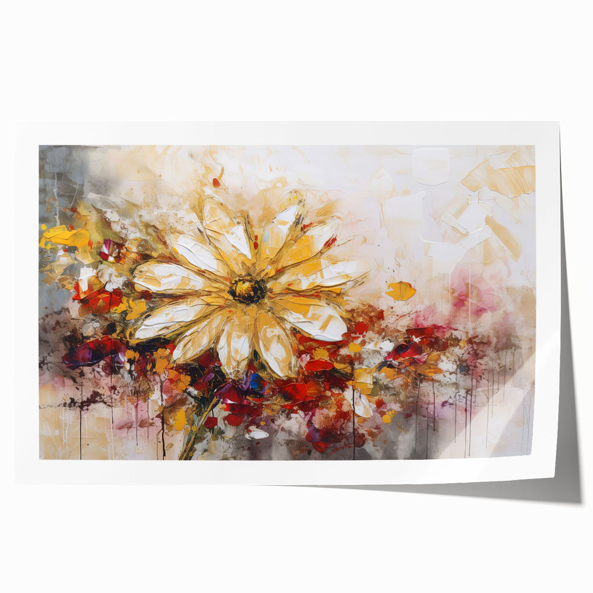 Abstract floral wall art print showcasing vibrant colors and intricate designs, perfect for modern home decor. Rolled for easy framing and display.