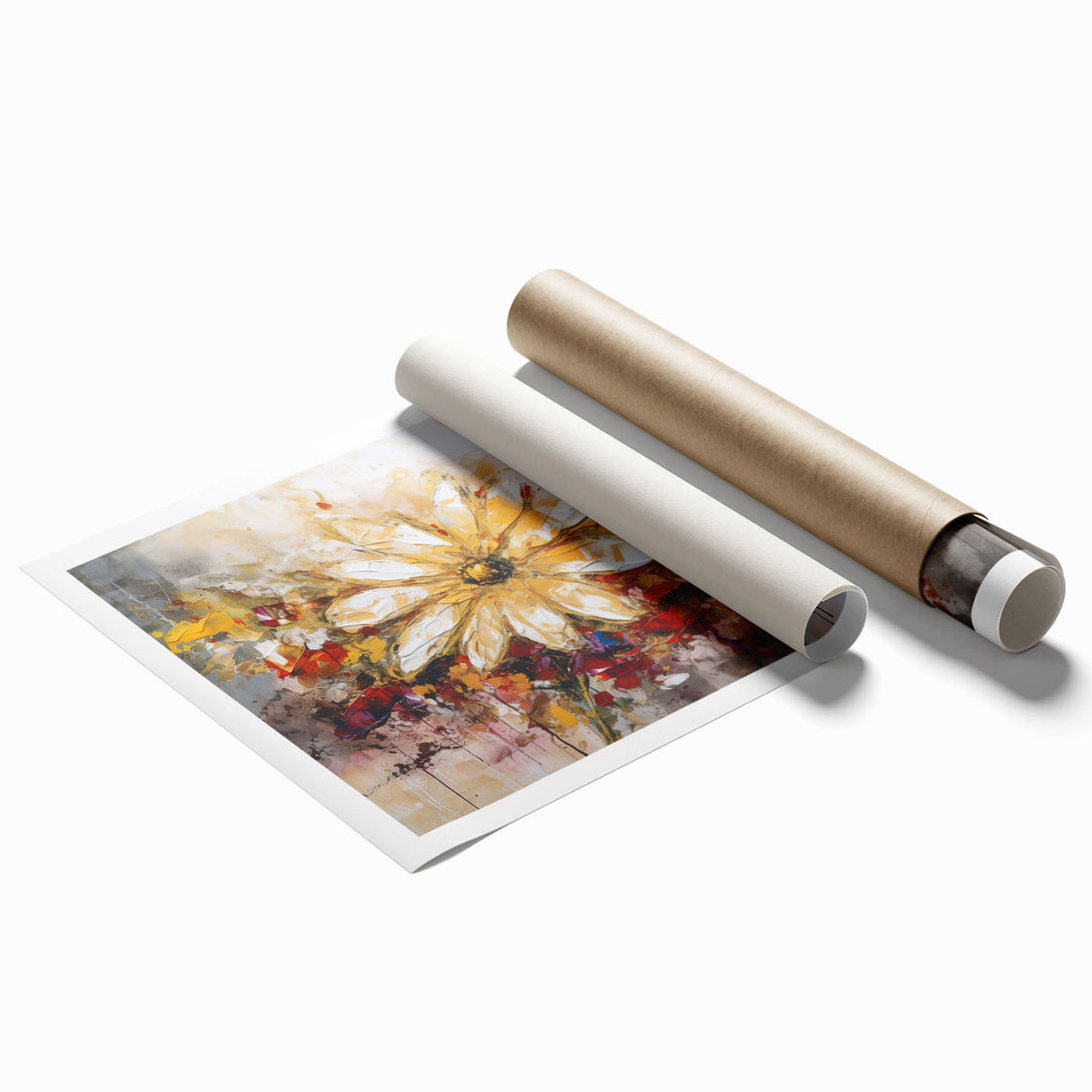 Vibrant abstract floral wall art print in soft pastel colors, elegantly rolled and ready for framing, showcasing delicate petals and modern design.
