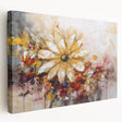 Vibrant abstract floral wall art on stretched canvas displaying colorful, textured blooms in a modern design, ideal for contemporary decor.