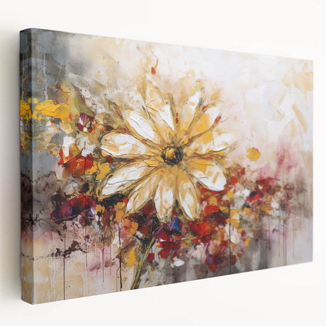 Vibrant abstract floral wall art on stretched canvas displaying colorful, textured blooms in a modern design, ideal for contemporary decor.