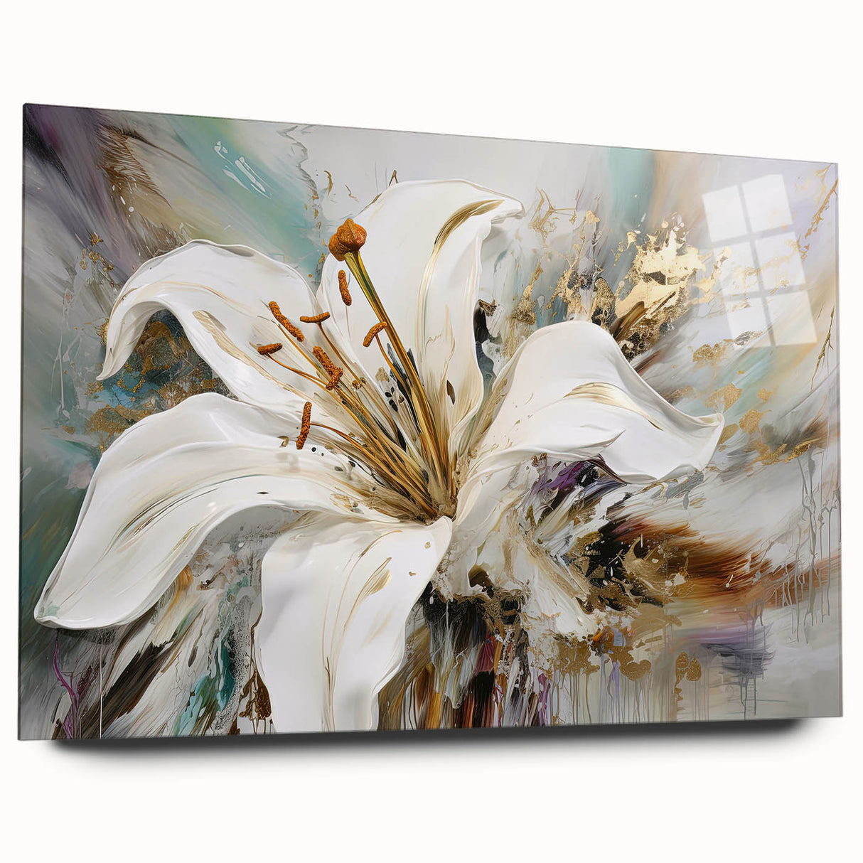 Abstract floral wall art design featuring vibrant colors and intricate patterns, showcased in acrylic glass with a sleek side view, perfect for modern decor.