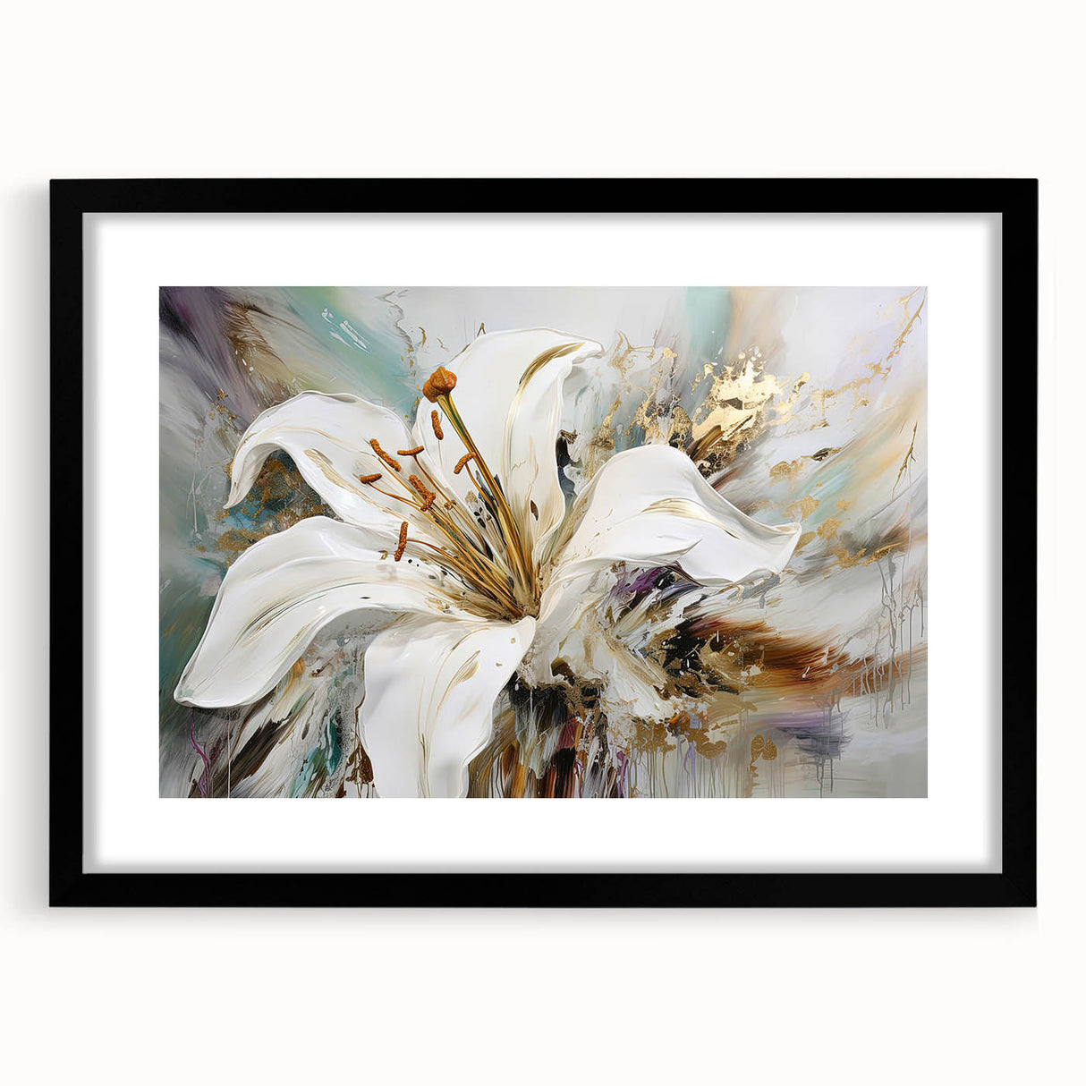Framed abstract floral wall art design featuring vibrant colors and intricate patterns, showcased in a sleek black frame with matting.