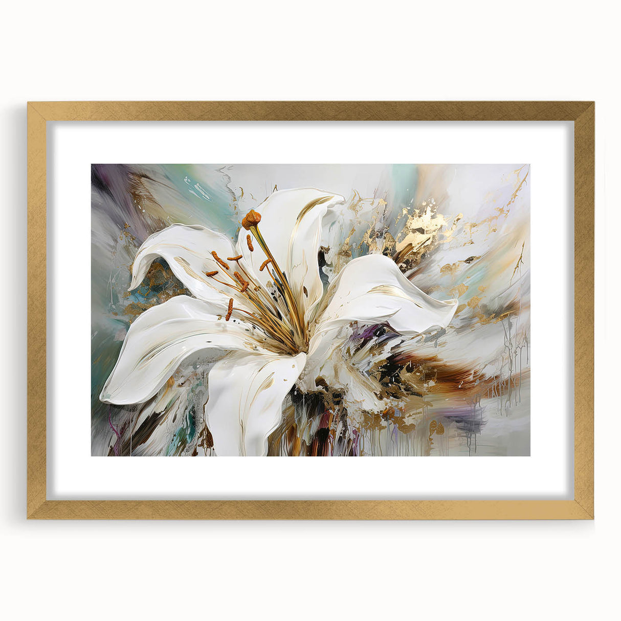 Framed abstract floral wall art collection in gold, showcasing vibrant colors and intricate designs, perfect for modern home decor.