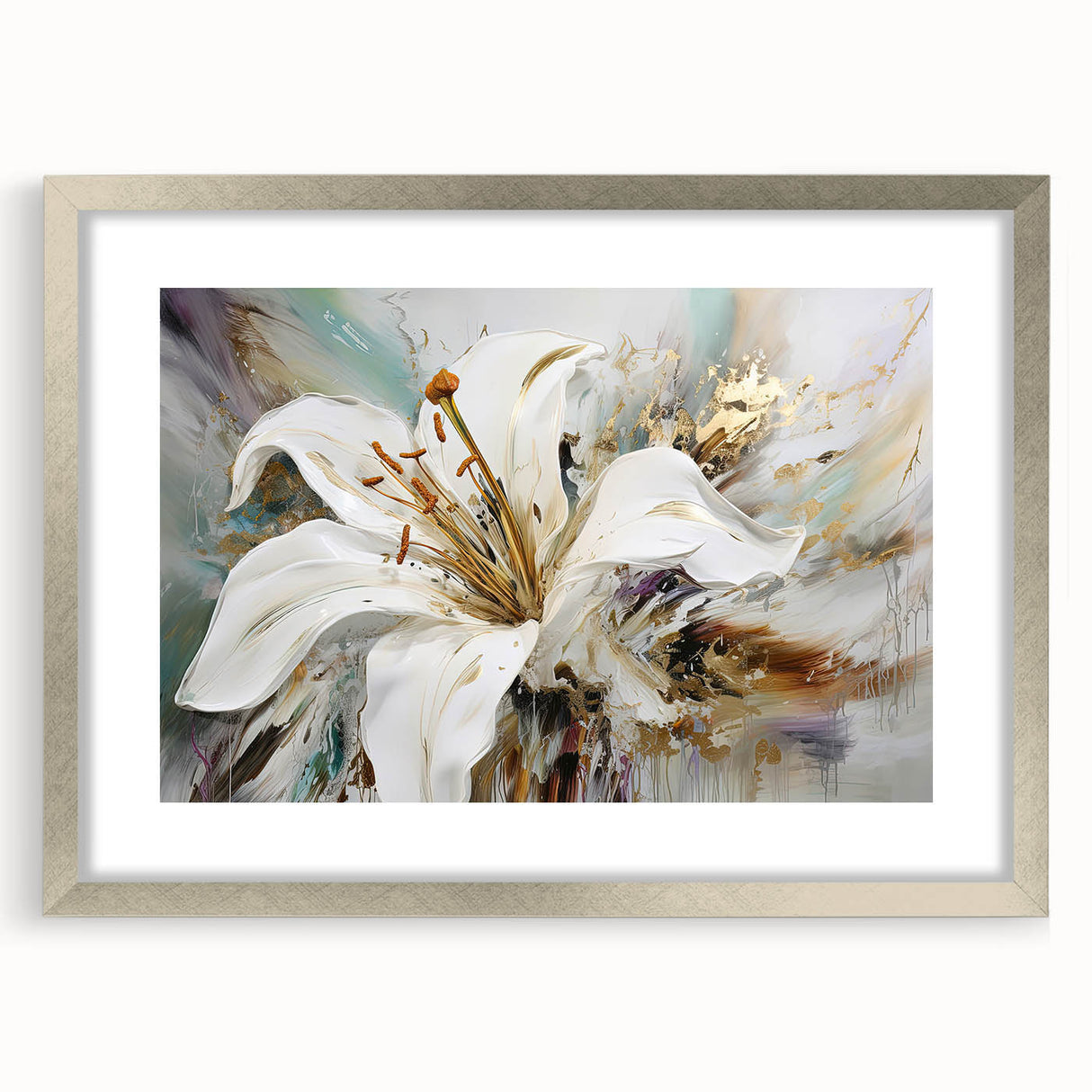 Framed abstract floral wall art design in a silver frame with a mat, showcasing vibrant colors and intricate details, perfect for home decor.