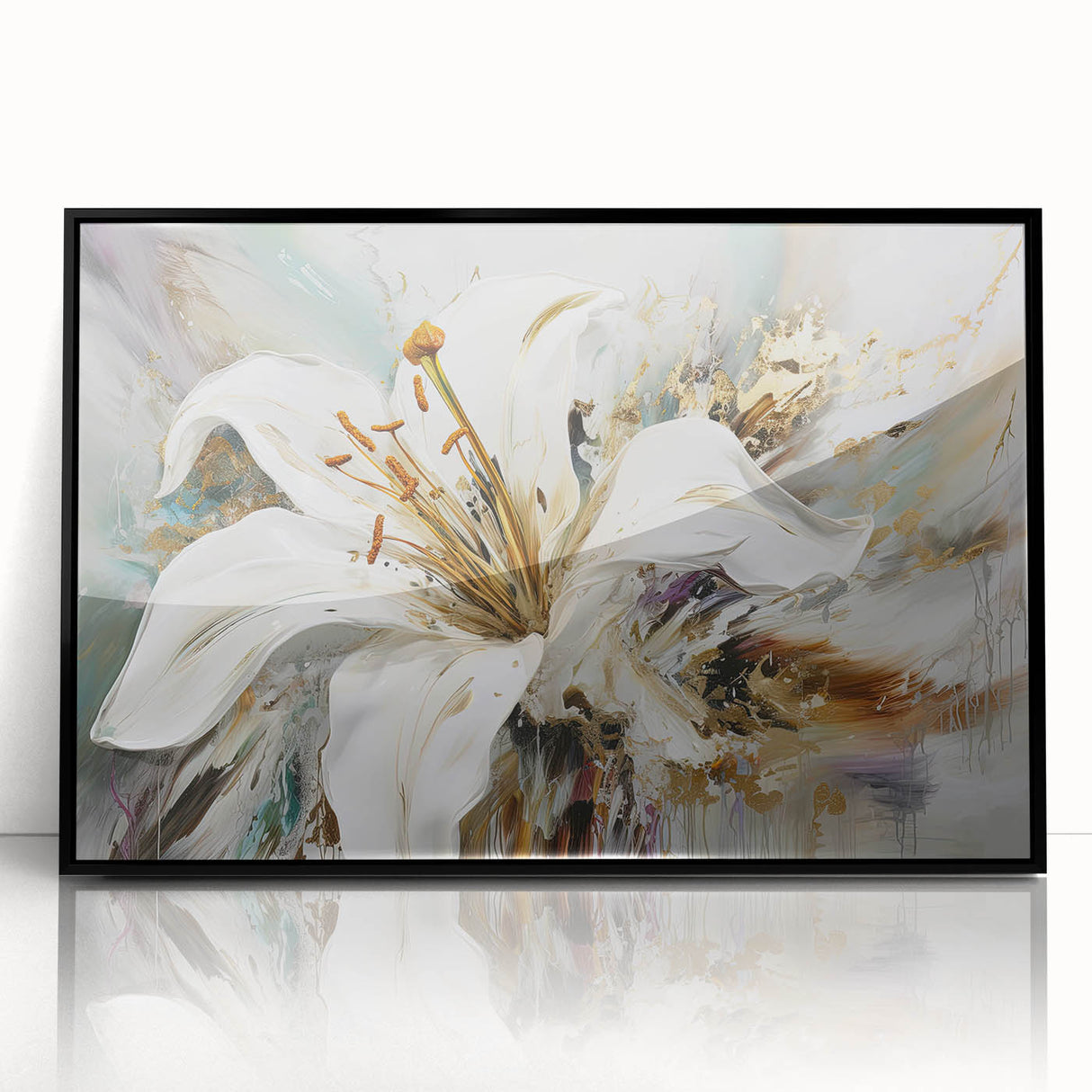 Framed abstract floral wall art showcasing vibrant colors and intricate designs, set against a sleek black frame for a modern touch.