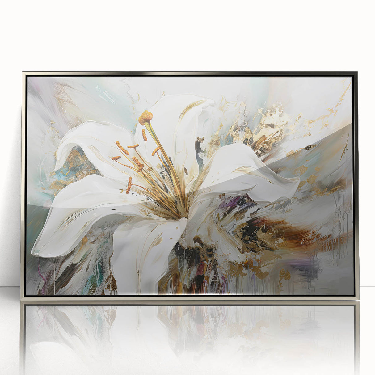 Framed abstract floral wall art piece showcasing vibrant colors and intricate designs, set in a silver frame to enhance decor elegance.