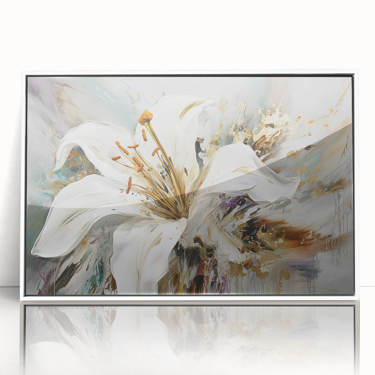 Framed wall art showcasing an abstract floral design in vibrant colors, set against a clean white background for a contemporary touch.