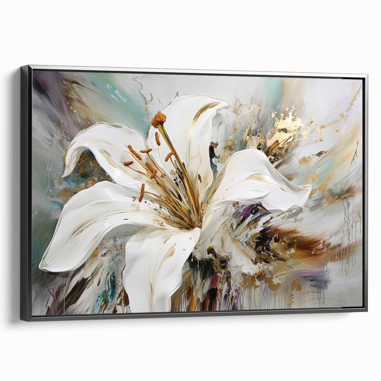 Framed wall art showcasing an abstract floral design with vibrant colors, set against a black background, viewed from the side.