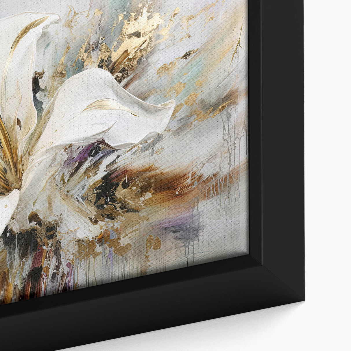 Vibrant close-up of an abstract floral wall art design on a framed canvas, showcasing rich colors and intricate patterns, perfect for home decor.