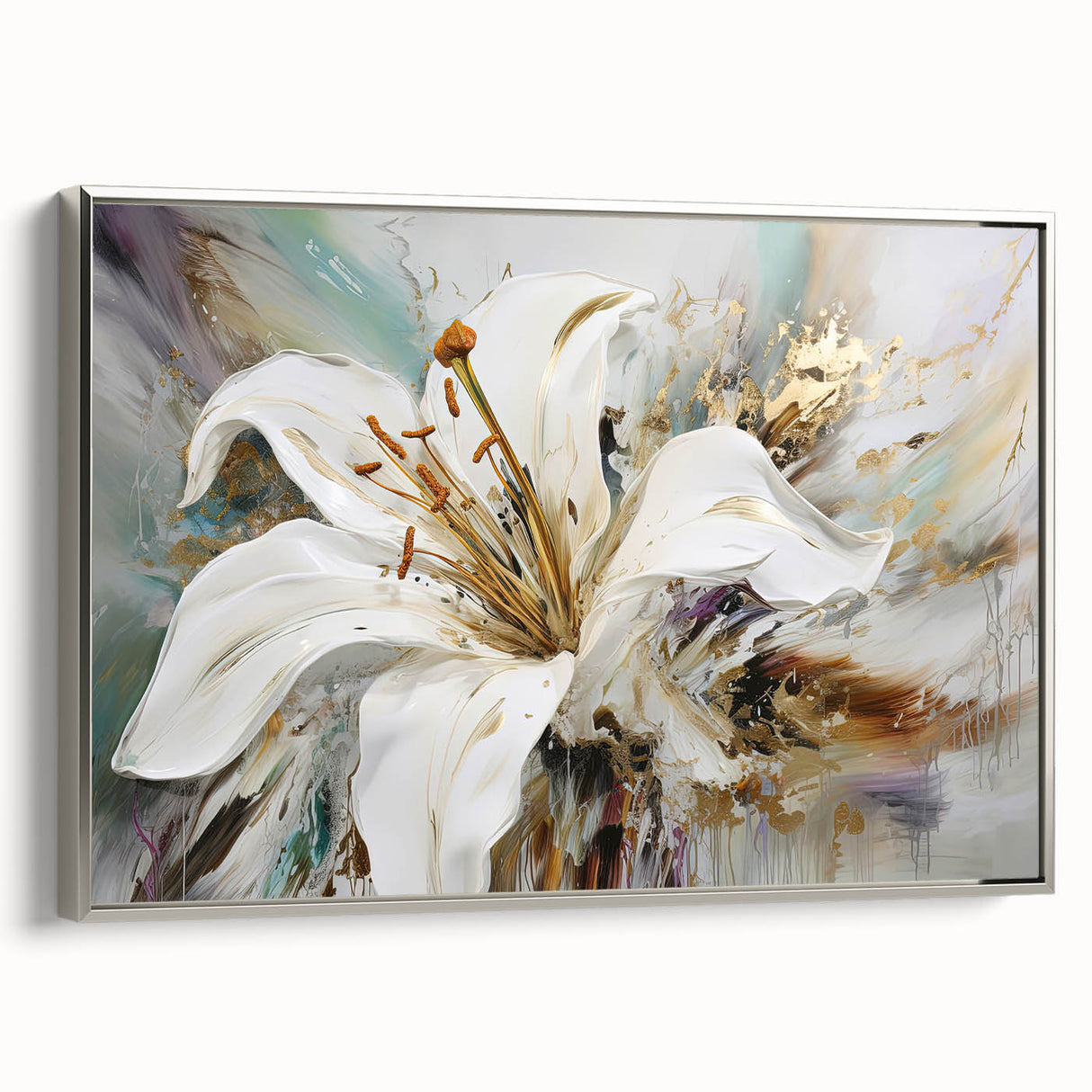 Framed abstract floral wall art design featuring vibrant colors and a silver frame, showcasing a modern aesthetic for home decor.