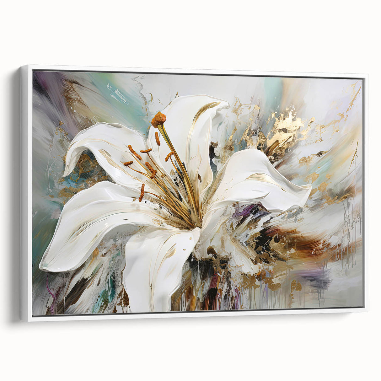 Framed wall art showcasing an abstract floral design in vibrant colors, set against a white background, perfect for modern home decor.