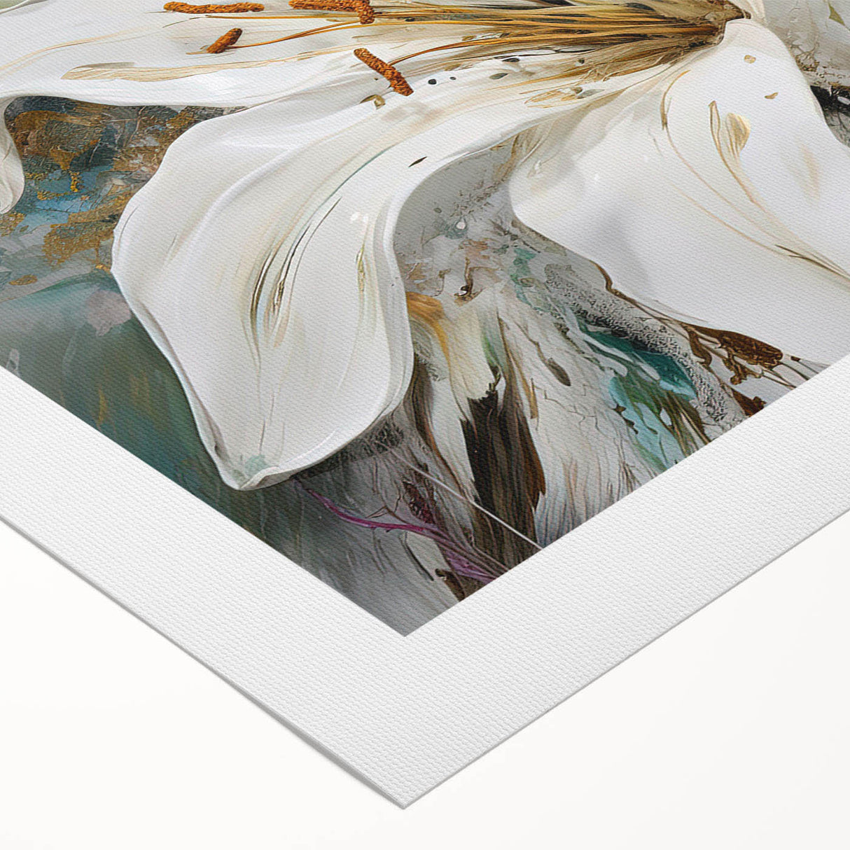 Colorful abstract floral design on rolled canvas artwork, showcasing vibrant hues and intricate brush strokes, perfect for modern decor.