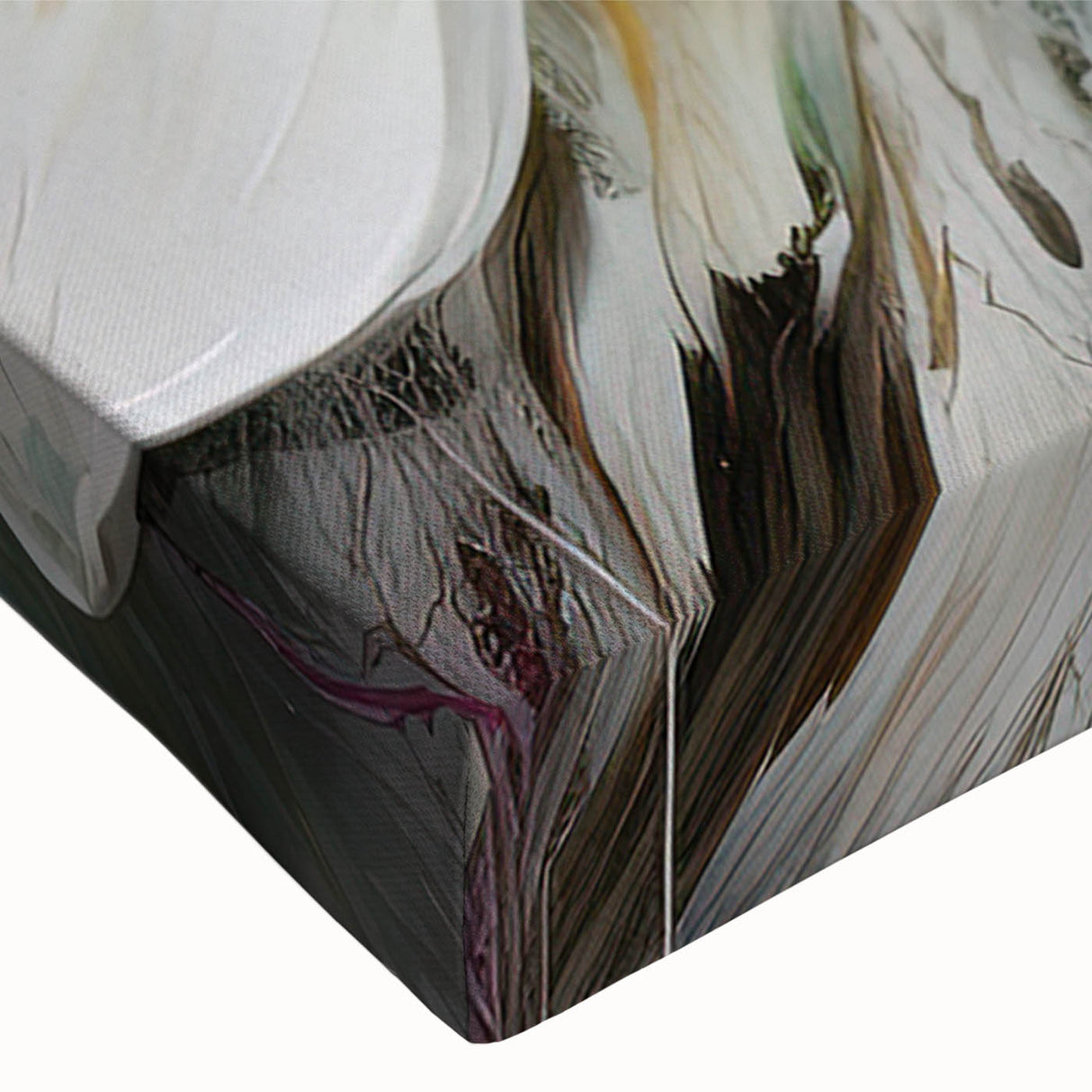 Close-up of vibrant abstract floral wall art on stretched canvas, showcasing rich colors and intricate textures, perfect for modern decor.