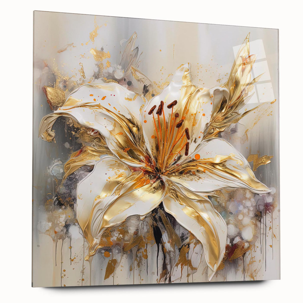 Abstract floral wall art design displayed as an acrylic glass piece, showcasing vibrant colors and a modern aesthetic in a side view.