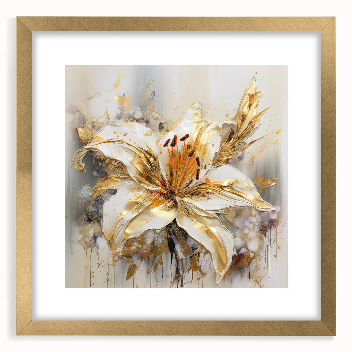 Framed abstract floral wall art design featuring vibrant colors and intricate patterns, elegantly displayed with a gold mat for a luxurious touch.