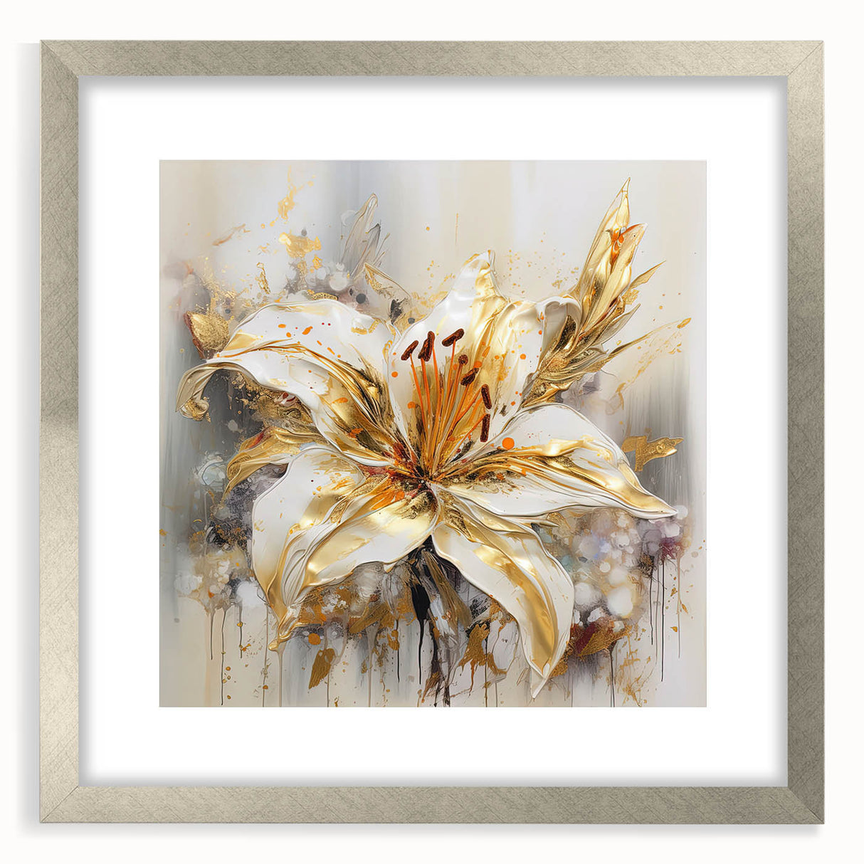Abstract floral wall art collection featuring vibrant colors and intricate designs, elegantly framed with a silver mat, perfect for modern decor.
