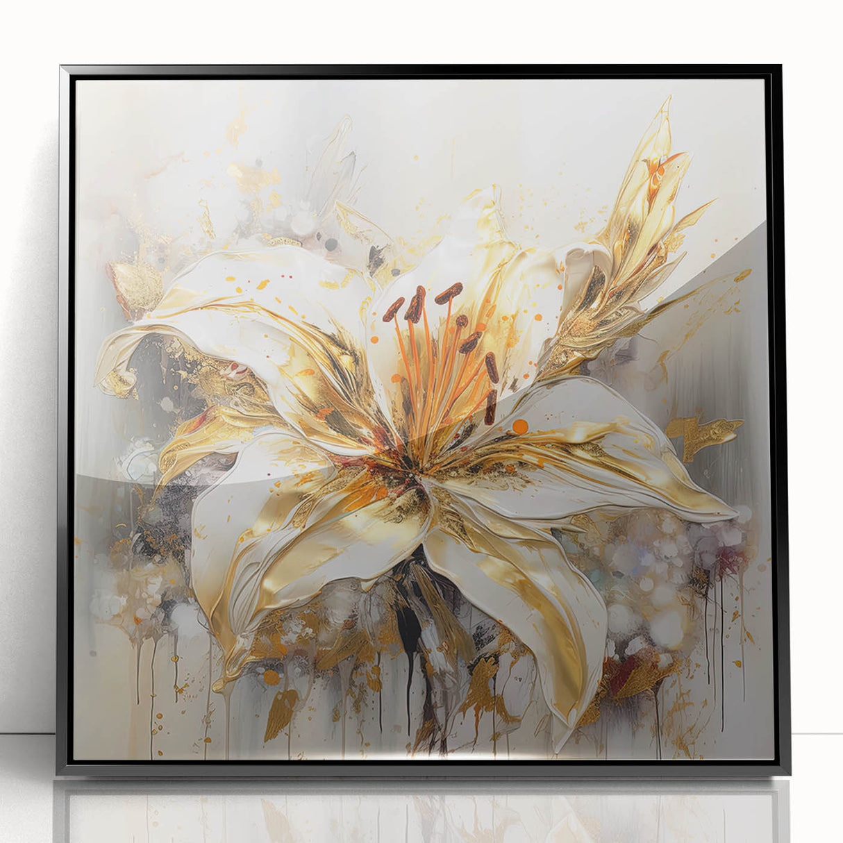 Framed wall art showcasing an abstract floral design in vibrant colors, set against a sleek black frame, adding elegance to any space.