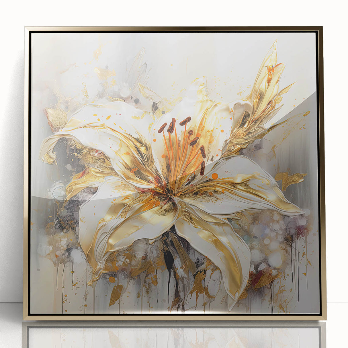 Framed abstract floral wall art design showcasing vibrant colors and gold accents, perfect for modern home decor or office settings.