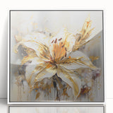 Framed wall art featuring an abstract floral design with vibrant colors, displayed in a sleek white frame, ideal for modern decor.
