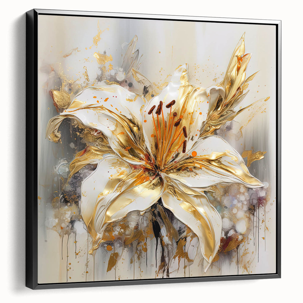 Framed abstract floral wall art in a sleek black frame, showcasing vibrant colors and intricate designs, perfect for modern decor.