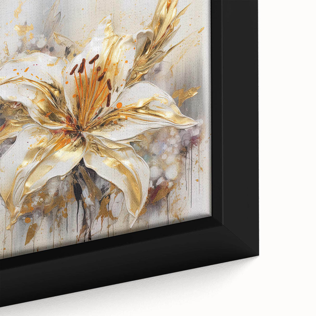 Close-up of a framed canvas art piece showcasing vibrant abstract florals in a modern design, set against a clean white background.