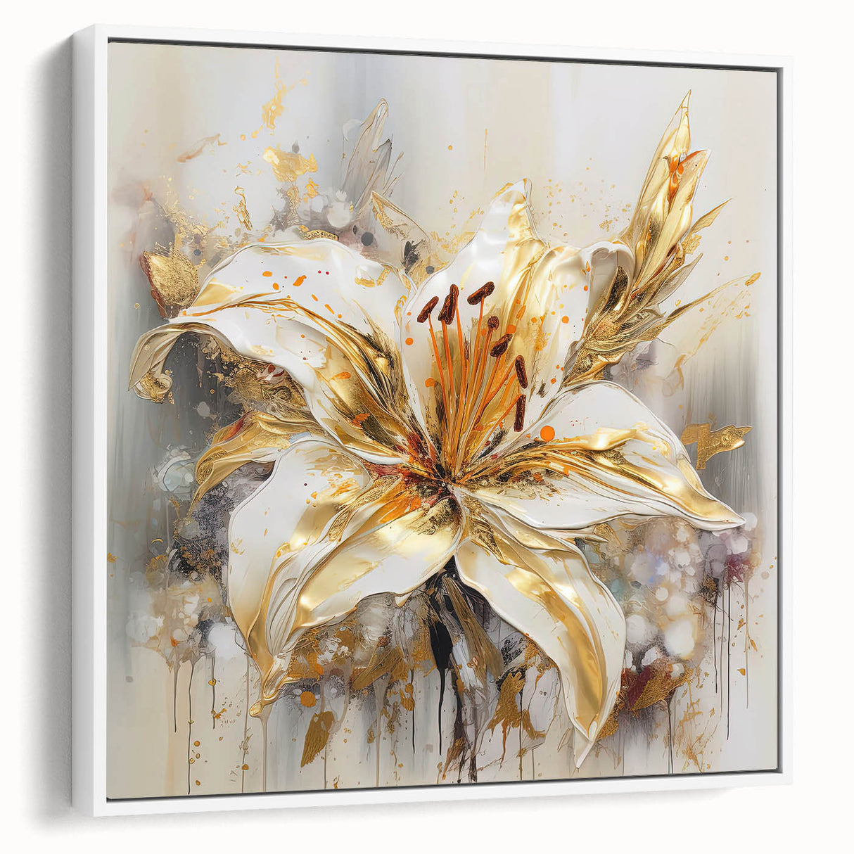 Framed abstract floral wall art design showcasing vibrant colors and elegant shapes, set against a white background for a modern touch.
