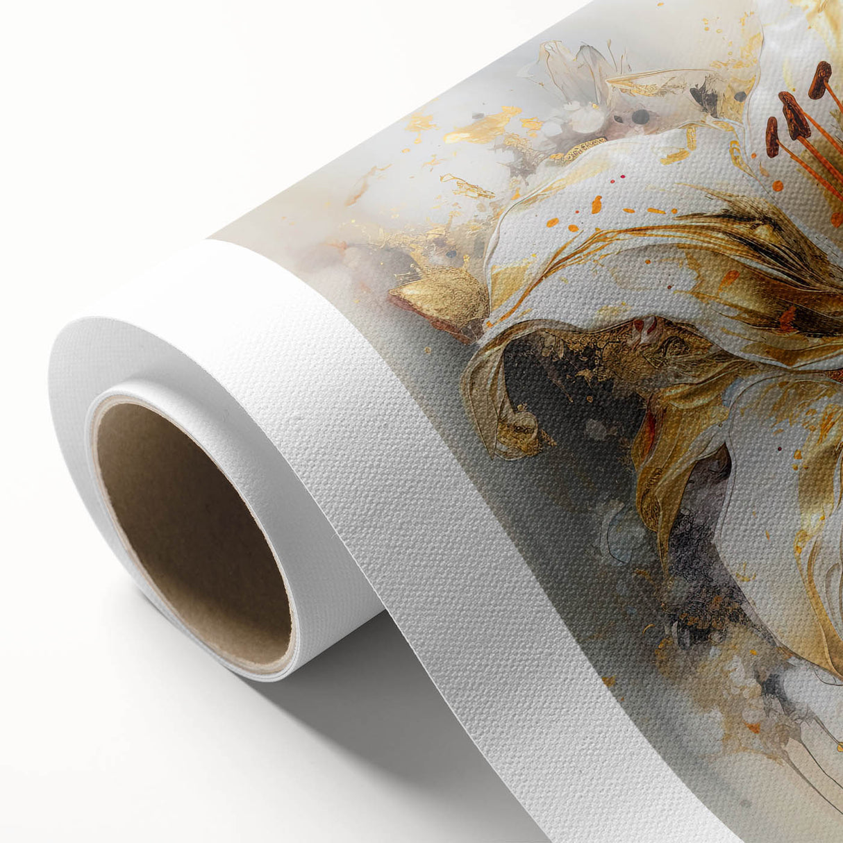 Vibrant abstract floral design on rolled canvas, showcasing a blend of vivid colors and intricate patterns, perfect for modern home decor.