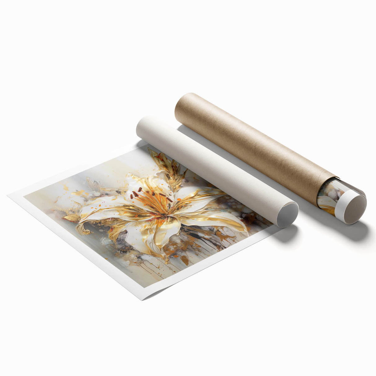 Abstract floral wall art print featuring vibrant colors and intricate patterns, rolled for easy framing and display in modern decor.