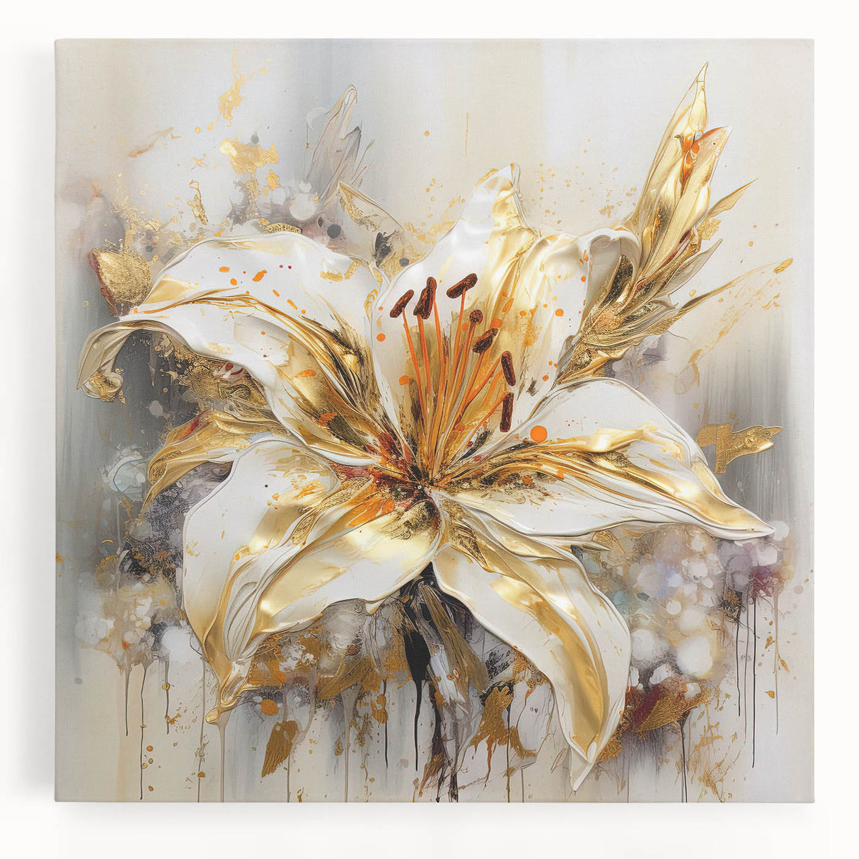 Vibrant abstract floral wall art on stretched canvas showcasing a colorful design with bold petals and soft hues, ideal for home decor.