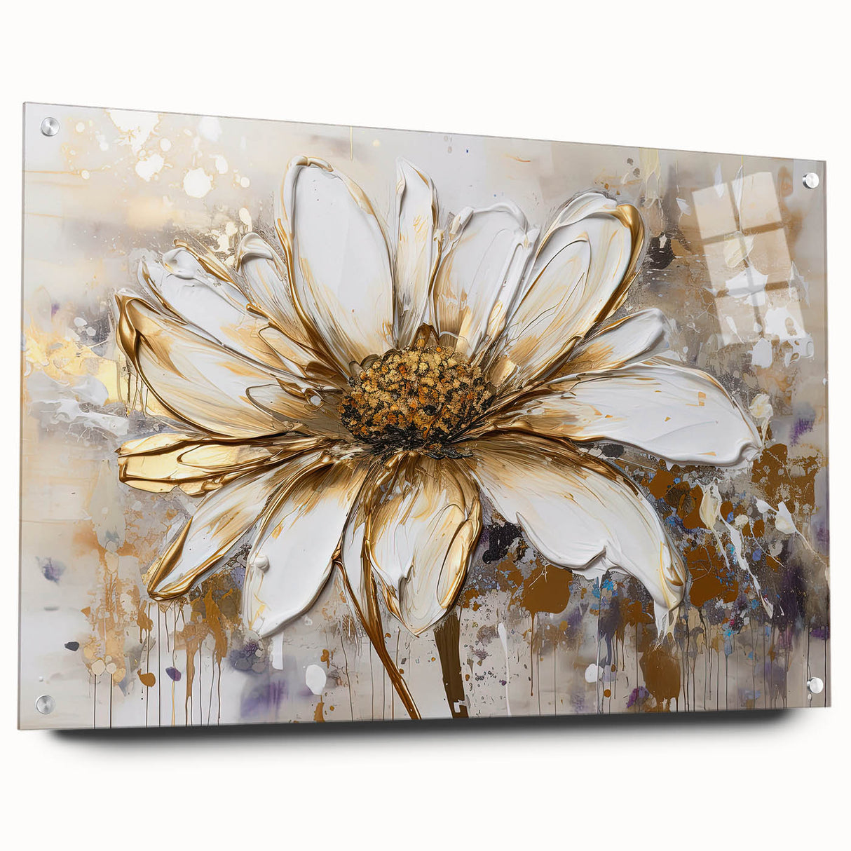 Abstract floral wall art design featuring vibrant colors and intricate patterns, displayed in a sleek acrylic glass frame with decorative pins.