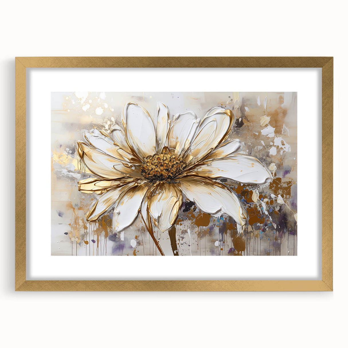 Framed abstract floral wall art design in gold with matting, showcasing vibrant colors and elegant patterns, ideal for modern decor.
